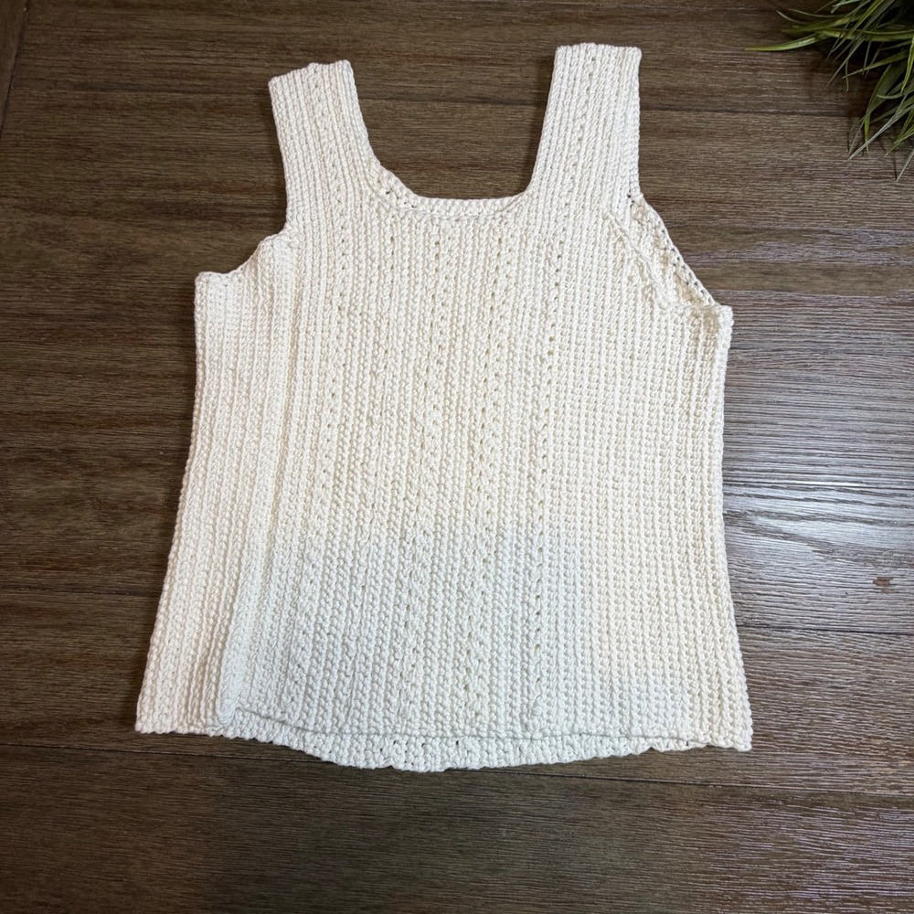Handmade Crochet Knit Tank Top Cream Ivory Square‎ Neck Boho Sleeveless Small